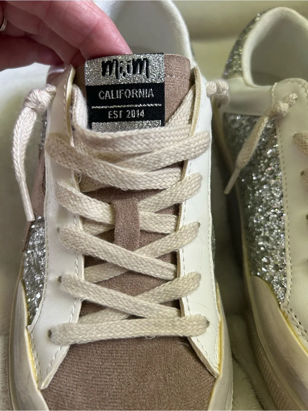 White Sneakers with Silver Glitter Panel and Beige Star Accent